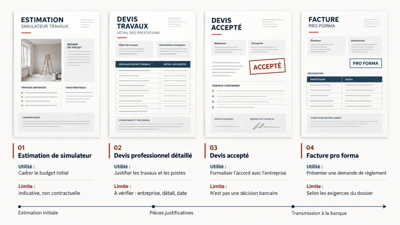Devis travaux en ligne pour banque : comparaison entre estimation, devis professionnel, devis accepté et facture pro forma