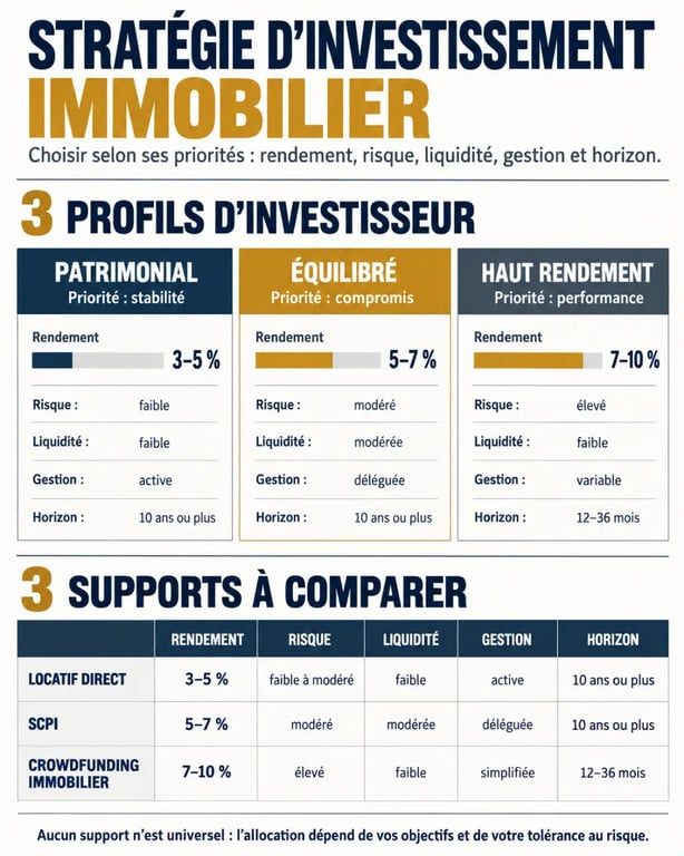 Infographie sur la stratégie d’investissement immobilier et l’arbitrage entre rendement, risque et gestion