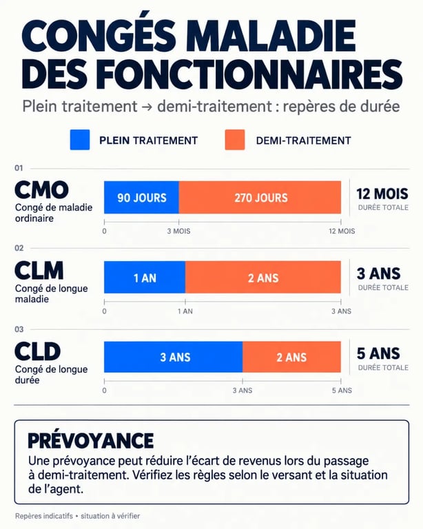 Infographie sur l'assurance perte de salaire fonctionnaire et les durées des congés CMO CLM et CLD