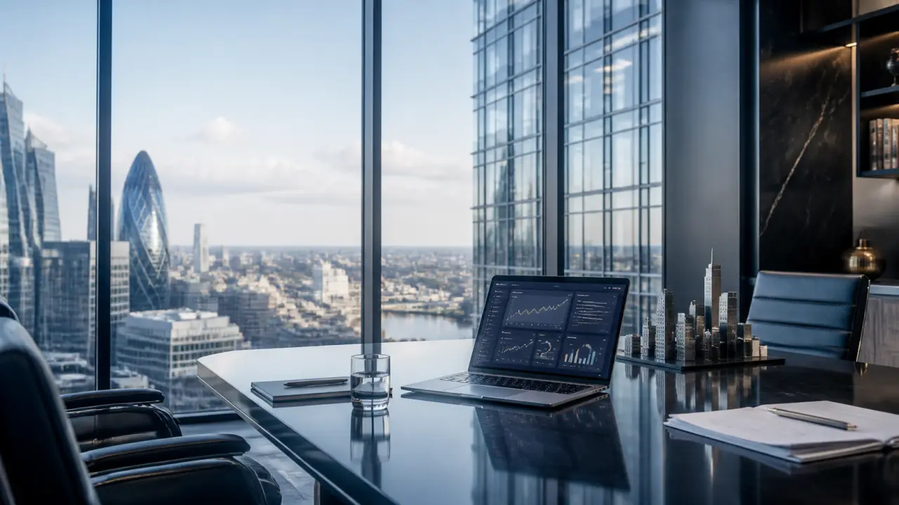 Lobby moderne d'une banque lumineuse avec professionnels en discussion
