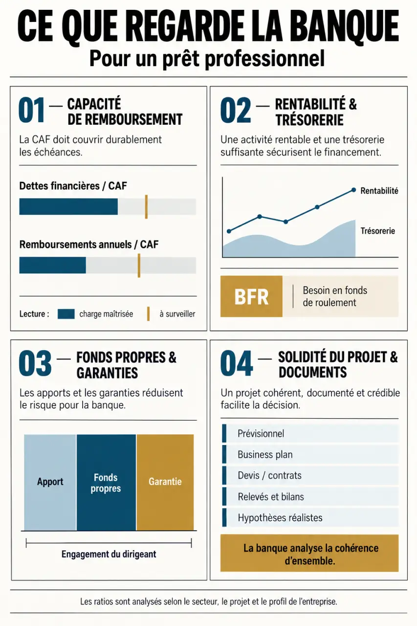 Infographie sur ce que regarde la banque pour un prêt professionnel : ratios, trésorerie, apport, garanties et dossier