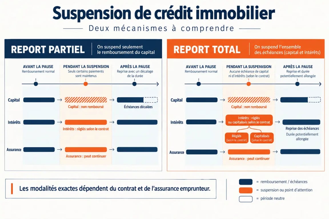 Infographie expliquant les effets d'une suspension de crédit immobilier avec report total et report partiel