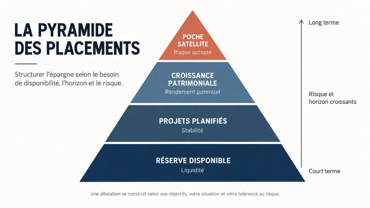 Pyramide des placements présentant les niveaux de sécurité, liquidité, croissance et risque