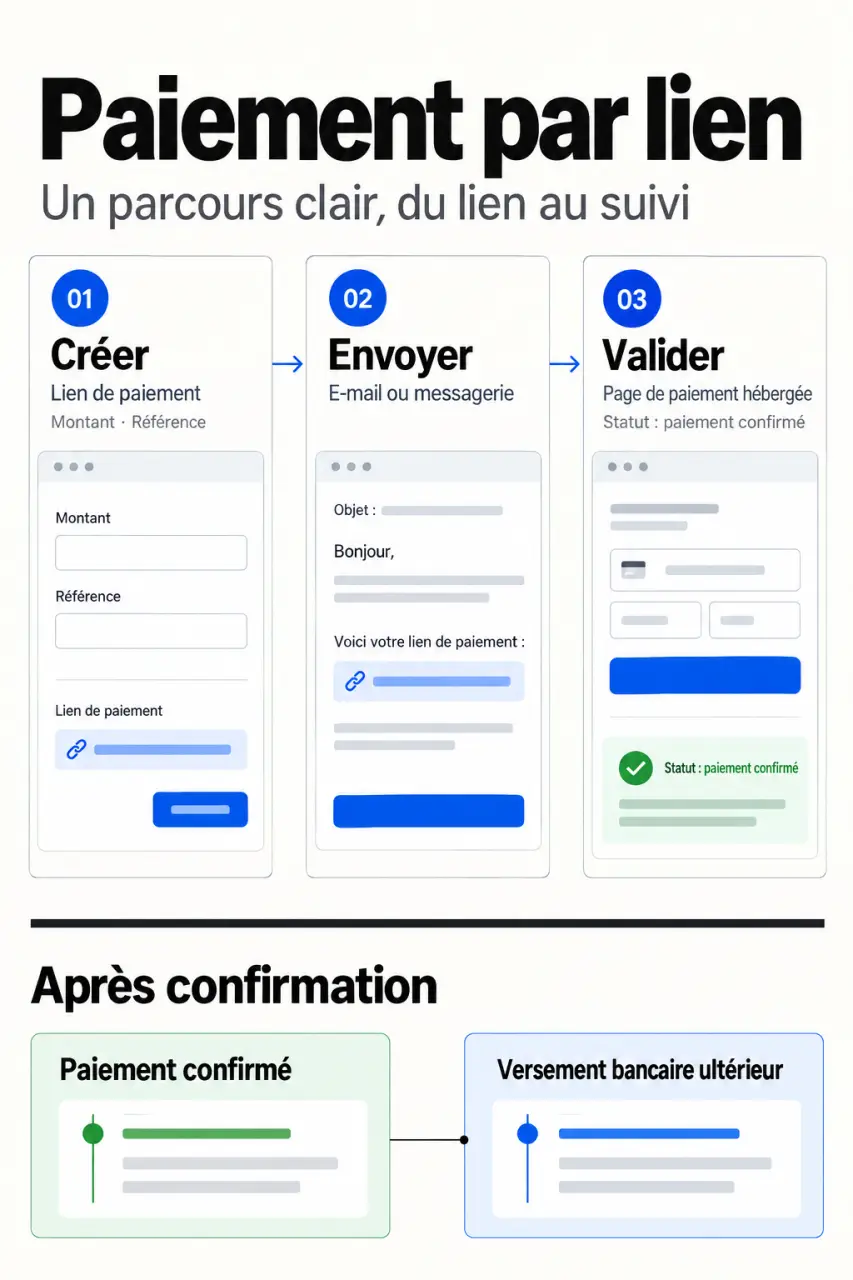 Schéma du paiement par lien, de la création au suivi du règlement